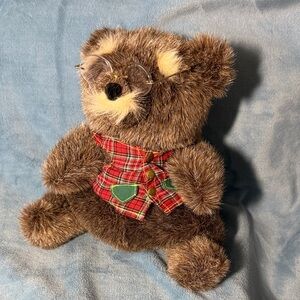 Vintage 1985 Spinoza Brown Plush Teddy Bear Puppet w/ Red Plaid Vest